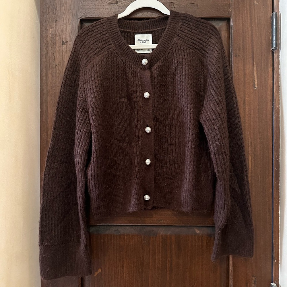 Abercrombie and Fitch Crew Pearled Button Up Cardigan in Espresso